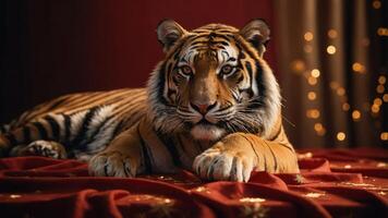 A majestic tiger resting on a red fabric surface with a festive background. photo