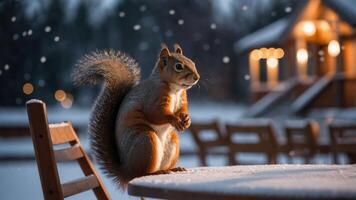 A squirrel perched on a snowy table, with a cozy cabin backdrop in a winter setting. photo