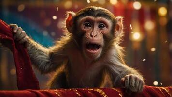 A lively monkey expressing excitement in a colorful setting. photo