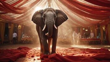 An elephant stands in a circus-like setting with vibrant drapes and tables in the background. photo