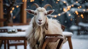 A goat sitting on a chair in a snowy outdoor setting with festive lights in the background. photo