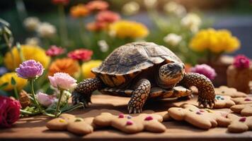 A turtle surrounded by colorful flowers and gingerbread cookies in a vibrant outdoor setting. photo