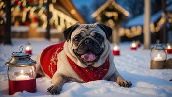 A cheerful pug in a red sweater lies in the snow, surrounded by lanterns and holiday decorations. photo
