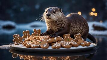 An otter surrounded by gingerbread cookies on a snowy plate, evoking a festive atmosphere. photo
