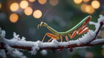 A green praying mantis perched on a snowy branch with soft bokeh lights in the background. photo