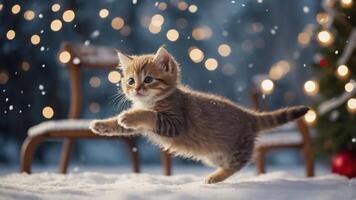 A playful kitten leaps through snow with festive lights in the background. photo