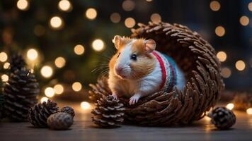 A cute hamster nestled in a pinecone with festive lights in the background. photo