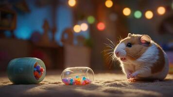 A cute hamster beside colorful beads, creating a playful and whimsical atmosphere. photo