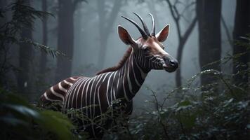 A lone okapi stands in a misty forest, showcasing its unique striped pattern and serene presence. photo