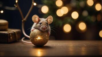 A cute mouse rests on a golden ornament, surrounded by festive lights. photo