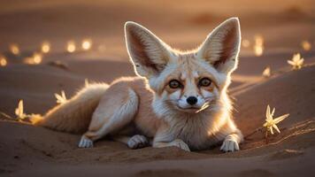 A fennec fox resting in the desert with flowers around it, illuminated by golden sunlight. photo