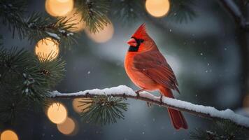 A vibrant cardinal perched on a snow-covered branch, surrounded by soft glowing lights. photo