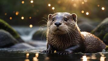 A playful otter emerges from water, glistening in sunlight with a serene natural backdrop. photo