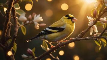 A vibrant yellow bird perched on a branch with blossoms, illuminated by soft sunlight. photo