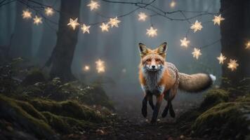 A fox running through a misty forest adorned with glowing star decorations. photo