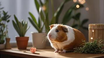 A guinea pig sits on a wooden table surrounded by plants and a small heart decoration. photo