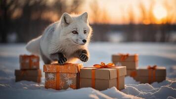 A playful fox leaps over gift boxes in a snowy landscape at sunset. photo