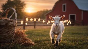 A playful goat runs in a field at sunset near a barn, surrounded by decorative lights. photo