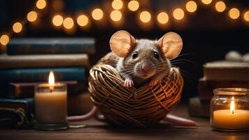 A cute mouse nestled in a woven basket with candles and books, creating a cozy atmosphere. photo