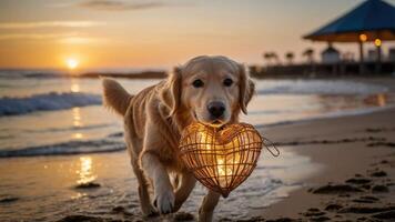 A golden retriever joyfully carries a heart-shaped lantern along a beach at sunset. photo