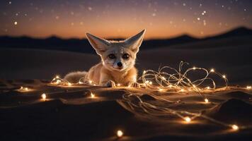 A fennec fox surrounded by twinkling lights in a desert at dusk. photo