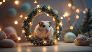A cute hamster sits in a decorative wreath with fairy lights, creating a cozy atmosphere. photo