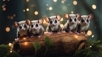 Five adorable sugar gliders perched on a log, surrounded by soft lights and greenery. photo