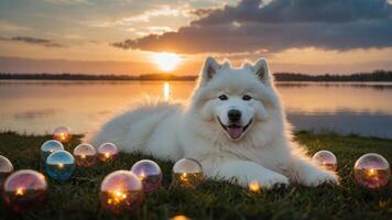 A happy Samoyed dog lying on grass by a lake at sunset, surrounded by colorful glass orbs. photo