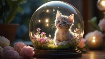A cute kitten inside a glass dome surrounded by flowers, creating a whimsical atmosphere. photo