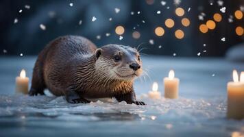 An otter on ice surrounded by candles and snowflakes, creating a serene winter scene. photo