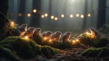 A whimsical scene of small creatures illuminated by lights in a forest setting. photo