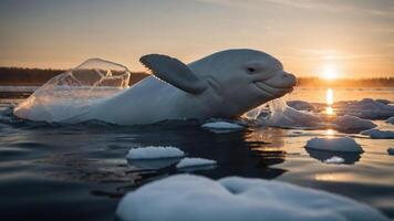 A beluga whale surfaces through ice at sunset, showcasing its playful nature in a serene environment. photo