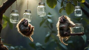 Two monkeys sitting on branches near jars in a sunlit forest. photo