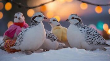 A group of birds in winter attire surrounded by festive lights in a snowy landscape. photo