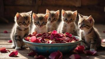 Five kittens curiously gaze at a bowl filled with colorful rose petals. photo