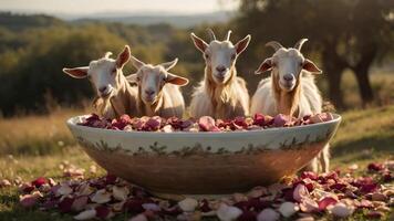 Four goats playfully enjoying a bowl filled with rose petals in a serene outdoor setting. photo