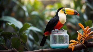 A toucan perched on a jar surrounded by lush greenery and vibrant flowers. photo