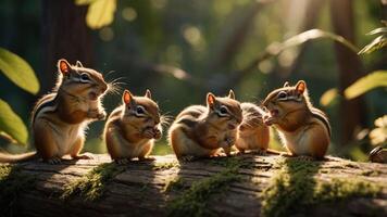 A group of chipmunks sitting on a log in a lush forest, enjoying their snacks. photo