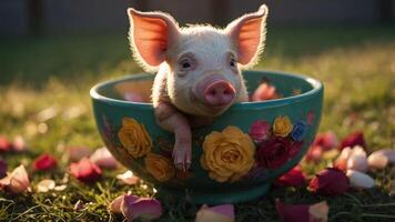 A cute piglet peeks out of a colorful bowl surrounded by rose petals in a sunny setting. photo