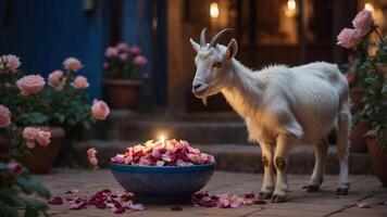 A goat stands beside a bowl of rose petals and candles in a serene garden setting. photo
