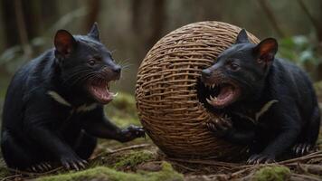 Two Tasmanian devils growling near a woven basket in a forest setting. photo
