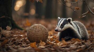 A badger curiously approaches a woven basket in a forest covered with autumn leaves. photo