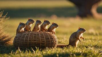A group of squirrels sitting in a woven basket, enjoying the sunny outdoors. photo