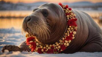 A walrus adorned with a festive floral necklace resting on snow. photo