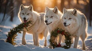 Three wolves in a snowy landscape, each holding a festive wreath. photo