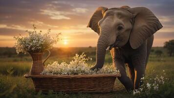 An elephant interacting with a basket of flowers at sunset, creating a serene atmosphere. photo