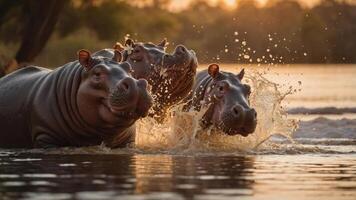 Three hippos playfully splashing in a river at sunset. photo