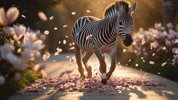 A zebra running through a path adorned with flower petals in a serene, sunlit environment. photo