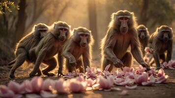 A group of baboons forages among pink flower petals in a sunlit forest setting. photo