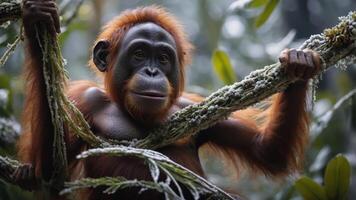A close-up of an orangutan hanging on a moss-covered branch in a lush forest. photo